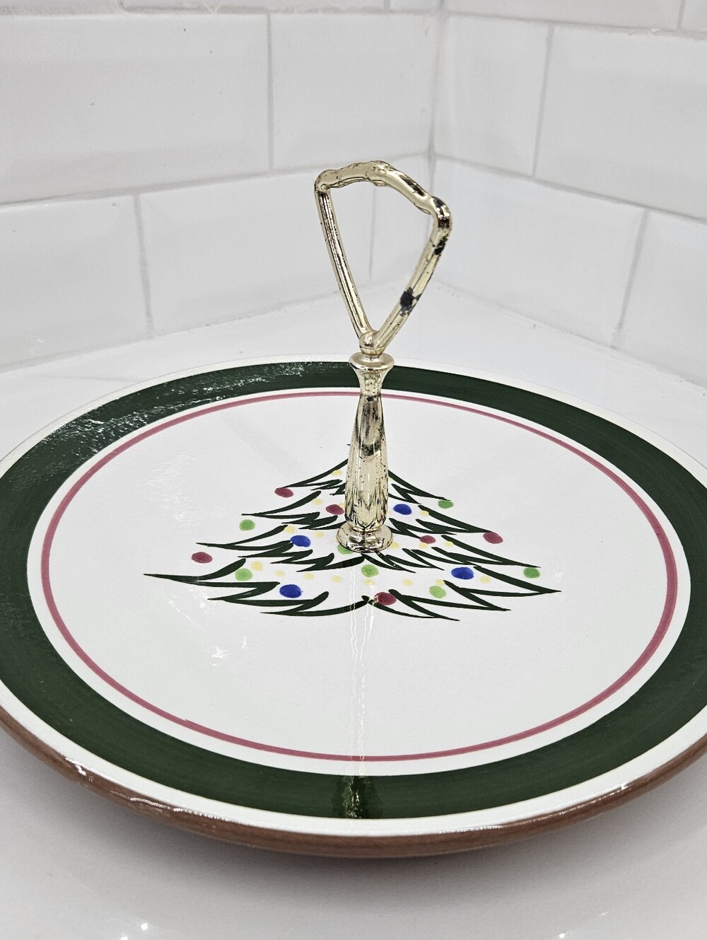 VTG STANGL Christmas Tree Tidbit Tray Plate Textured Garland w Metal Handle 10"